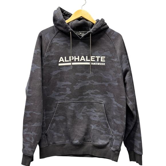 Alphalete Hoodie Mens Medium Black Blue Camo Pullover Logo Front Sweatshirt - Picture 1 of 7